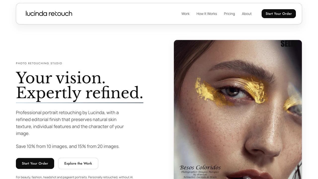 Lucinda Retouch website homepage with editorial portrait photography and professional retouching introduction.