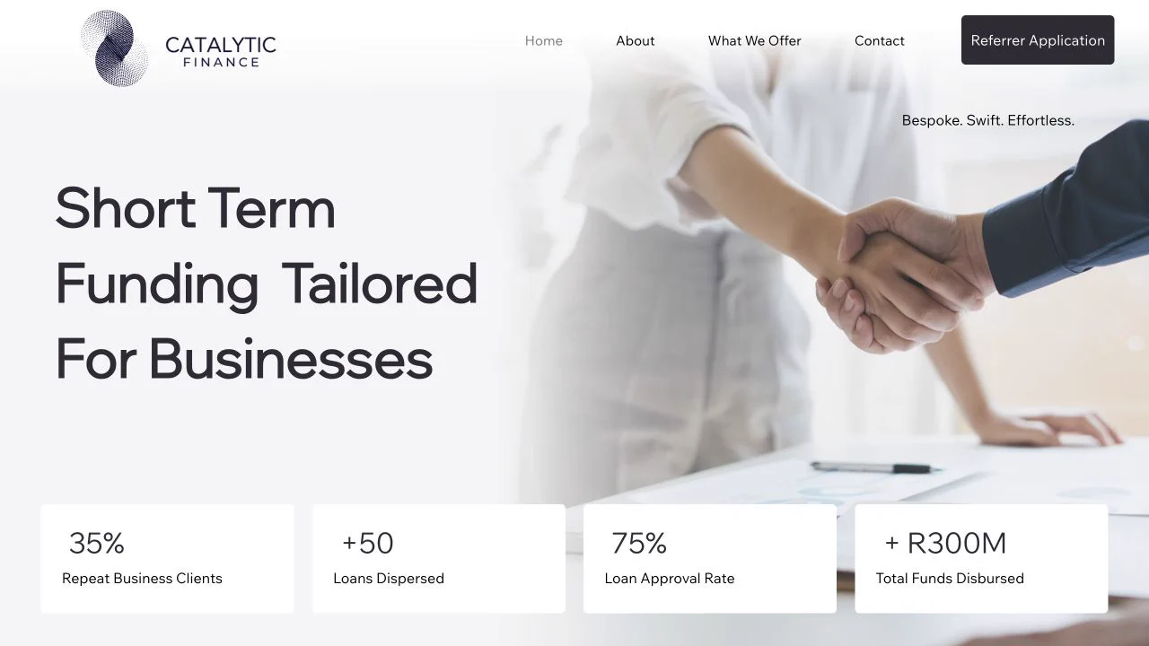 Catalytic Finance website homepage with short-term funding message, handshake photograph and finance statistics.