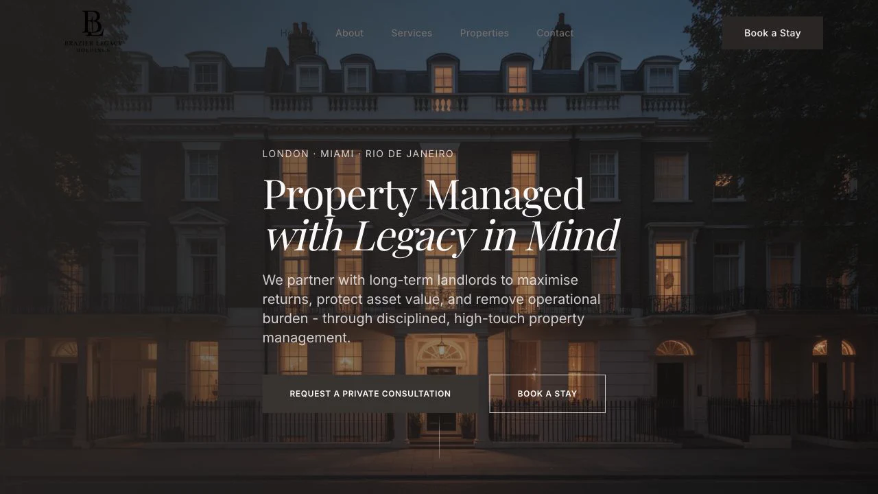 Brazier Legacy Holdings website homepage featuring a London townhouse and private consultation call to action.
